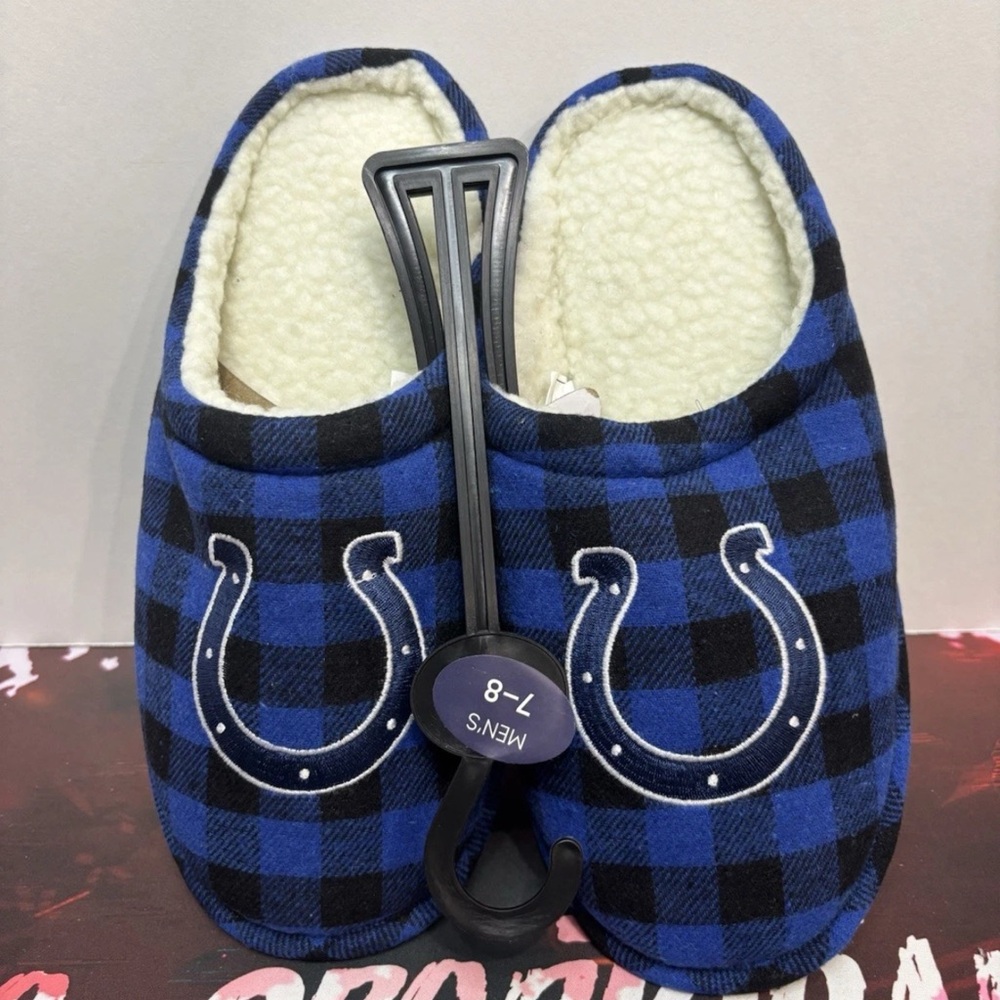 Colts Logo Blue Plaid Slide-On Slippers House Shoes Mens Size 7-